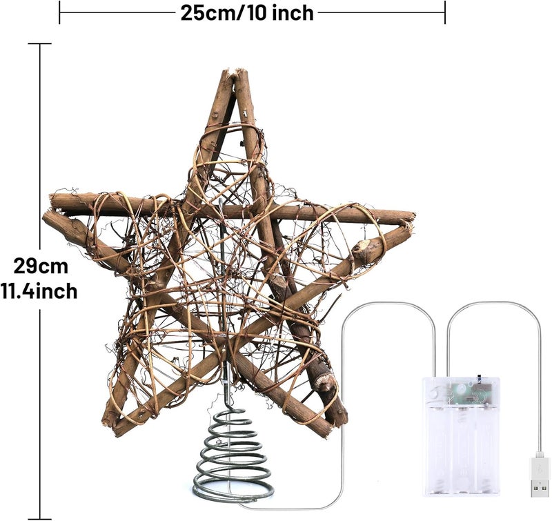 Joytry Christmas Tree Topper Star,Rattan Christmas Tree Topper with 50 LED Light,10 Inch Warm White Light Rustic Star for Christmas Tree Decoration Holiday Farmhouse Decor Battery & USB Powered - Image 3